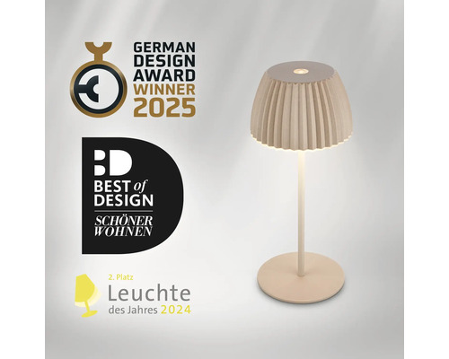 Modern LED bordslampa med veckad lampskärm och rund bas, vinnare av designpriser.