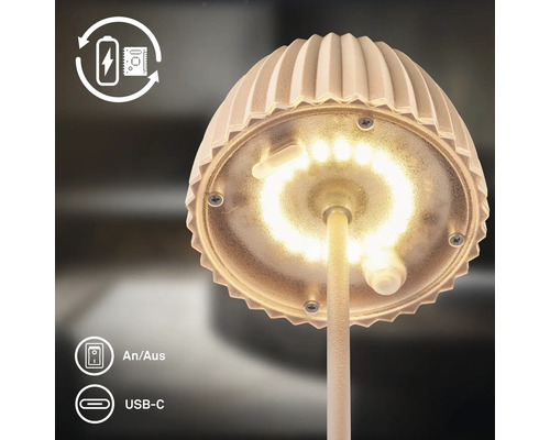 LED-bordslampa med uppladdningsbart batteri, USB-C-port och av-på-strömbrytare i underifrån vy.