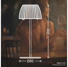Teknisk ritning av en bordslampa med måtten 200 millimeter hög och 85 millimeter i diameter mot en suddig bakgrund.