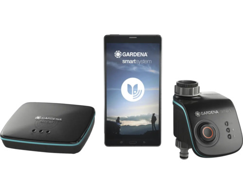 Gardena smart system startpaket med gateway, bevattningsdator och surfplatta för automatisk trädgårdsbevattning.