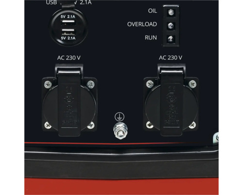 Kontrollpanel för elverk med två 230 volt uttag, två USB anslutningar och kontrollampor för olja, överbelastning och drift.