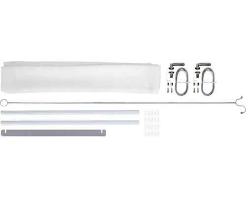 Komponenter för en insektsrullgardin med väv, styrskenor, rullmekanism och fästmaterial