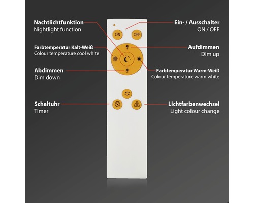 Fjärrkontroll för belysning med funktioner för nattlampa, färgtemperatur, dimning, timer och ljusfärgändring