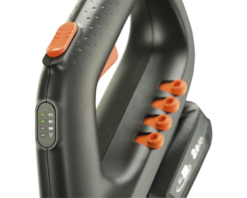 Detaljvy av en häcksax med kontrollknappar och batteriindikator