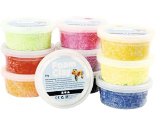 Flerfärgad skumlera i plastbehållare