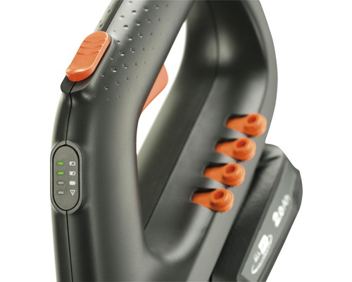 Detaljvy av en grässax med reglage och batteriindikator