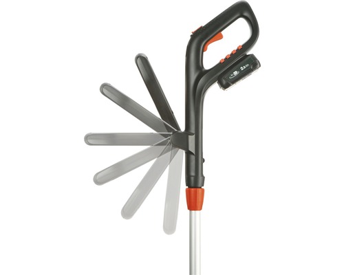 Batteridriven grästrimmer med justerbart trimmerhuvud