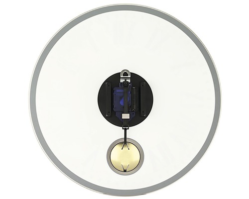 Baksida av en rund väggklocka med pendel