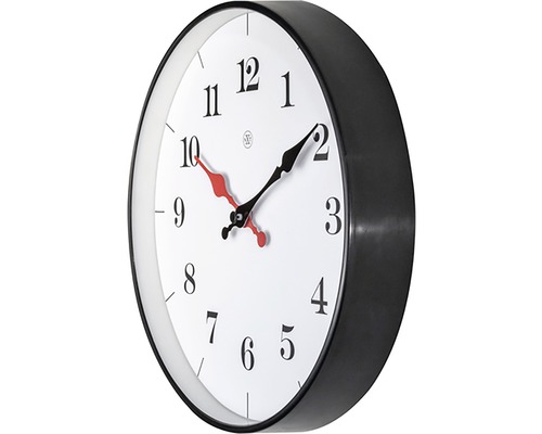Väggklocka med svart ram och urtavla