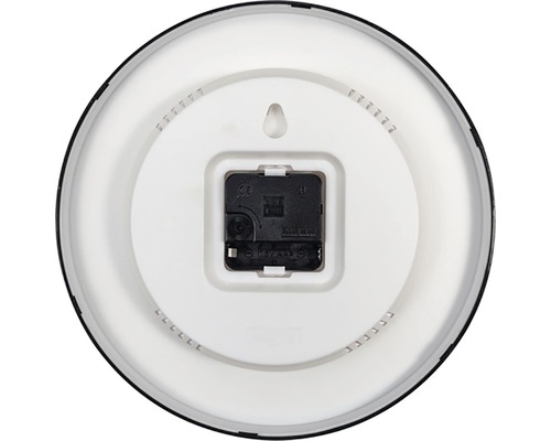 Baksida av en väggklocka med batterifack och upphängningsanordning