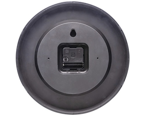 Baksidan av en rund väggklocka med batterifack och upphängningsanordning