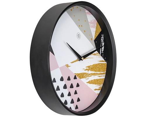 Väggklocka med abstrakt mönster och svart ram