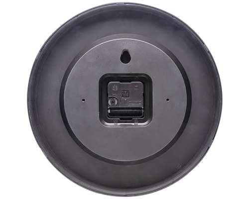 Baksidan av en rund väggklocka med urverk och upphängningsanordning.