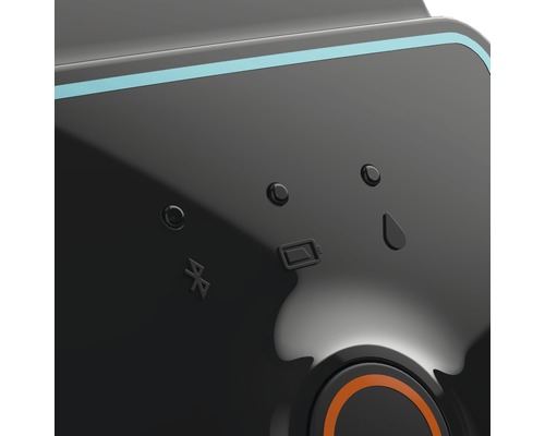 Närbild av en enhet med Bluetooth symbol, batterisymbol och vattendroppssymbol