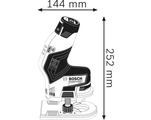 Bild av en Bosch GKF 12V-8 sladdlös överfräs med måtten 144 mm bred och 252 mm hög