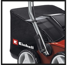 Detaljvy av en gräsklippare med uppsamlingskorg och Einhell-logotyp.