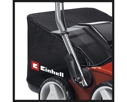 Detaljvy av en gräsklippare med uppsamlingskorg och Einhell-logotyp.