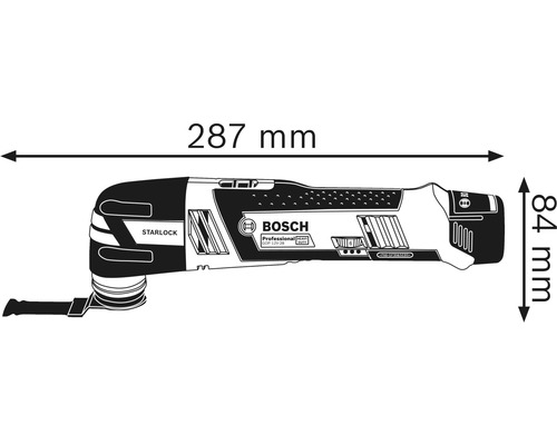 Bosch multiverktyg mått: 287 mm längd och 84 mm höjd