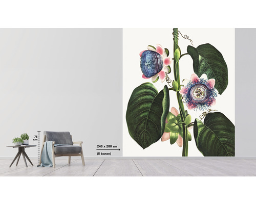 Rumsvy med väggmålning passionsblomma, fåtölj och sidobord