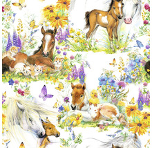 Illustration av föl, katter, ankungar och blommönster