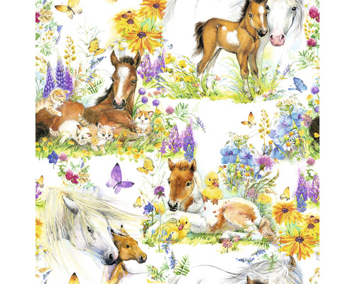 Illustration av föl, katter, ankungar och blommönster