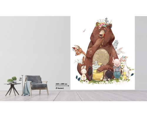 Fototapet med en björn, ett rådjur, en hare, en gris och en gås med blommor på huvudet