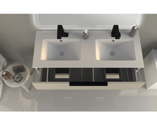Tvättställsskåp med dubbla handfat och öppen låda uppifrån