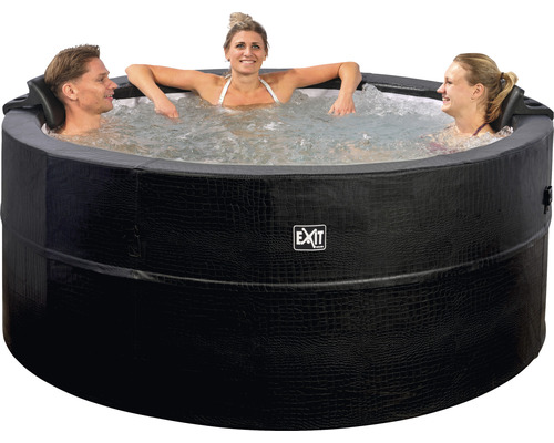 Rund, svart bubbelpool med tre personer och EXIT-logotyp