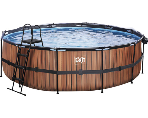 Pool EXIT WoodPool Ø488x122cm inkl. sandfilterpump, överdrag, värmepump & stege träutseende