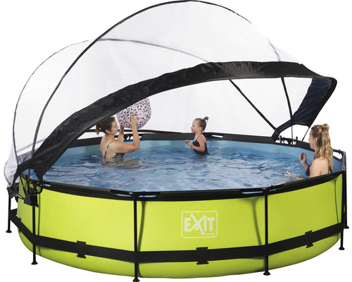 Rund pool med lock och lekande personer