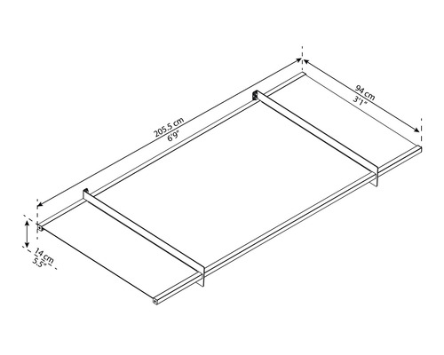 Teknisk ritning av en sängram som mäter 205,5 cm lång, 94 cm bred och 14 cm hög