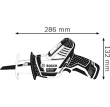 Bild på dimensionerna på Bosch batteridrivna tigersåg, 286 mm längd och 132 mm höjd