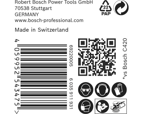 Produktförpackningstryck med information om Robert Bosch Power Tools GmbH, tillverkningsort Schweiz, streckkod, QR-kod och säkerhetsanvisningar
