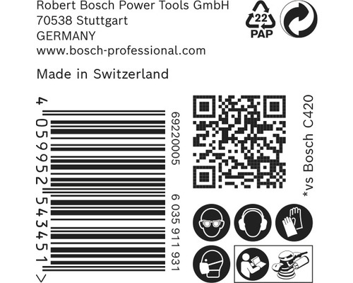 Produktförpackning med information om Robert Bosch Power Tools GmbH, streckkod, QR-kod, återvinningsinstruktioner och säkerhetsåtgärder