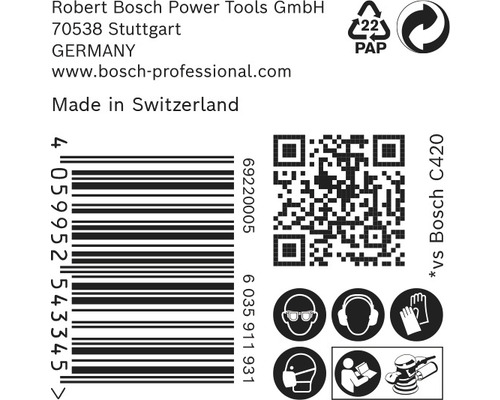 Information om Robert Bosch Power Tools, streckkod, QR-kod och säkerhetsanvisningar.