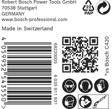 Information om Robert Bosch Power Tools, streckkod, QR-kod, pappersförpackningssymbol, symboler för obligatorisk skyddsutrustning och verktygssymbol