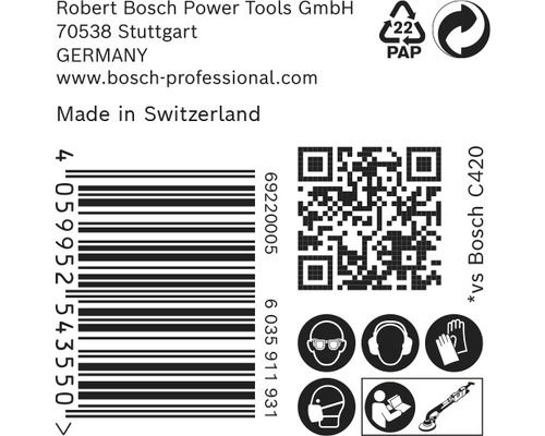 Information om Robert Bosch Power Tools, streckkod, QR-kod, pappersförpackningssymbol, symboler för obligatorisk skyddsutrustning och verktygssymbol