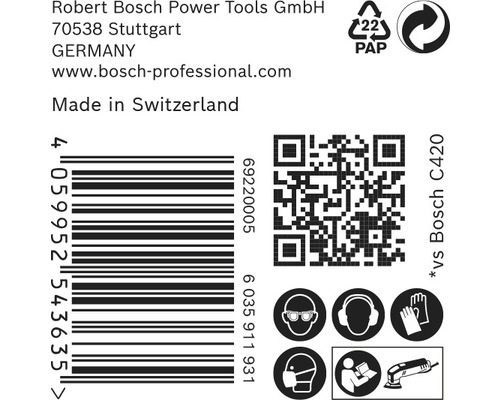 Information om Robert Bosch Power Tools, streckkod, QR-kod, pappersförpackning och skyddssymboler