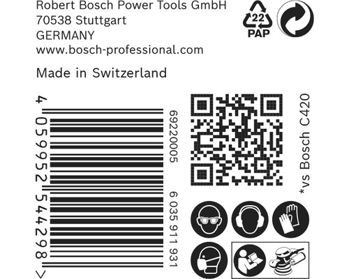 Information om Robert Bosch Power Tools GmbH, streckkod, QR-kod och säkerhetsanvisningar.