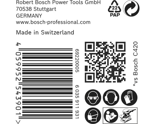 Information om Robert Bosch Power Tools, streckkod, pappersåtervinningssymbol, QR-kod och säkerhetsanvisningar