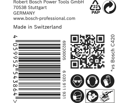 Bosch företagsinformation, streckkod, QR-kod och säkerhetsinstruktioner