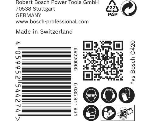 Information om Robert Bosch Power Tools, streckkod, QR-kod, återvinningssymbol, säkerhetsanvisningar