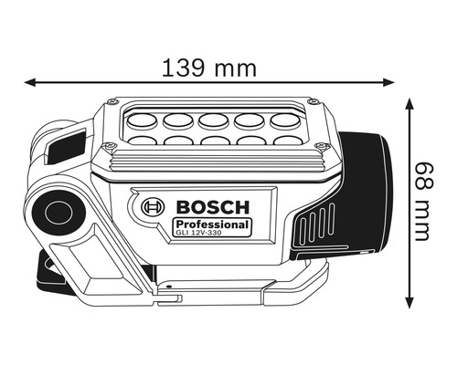 Bosch logotyp. Mått på sladdlös byggarbetsplatslampa: 139 mm bred och 68 mm hög.