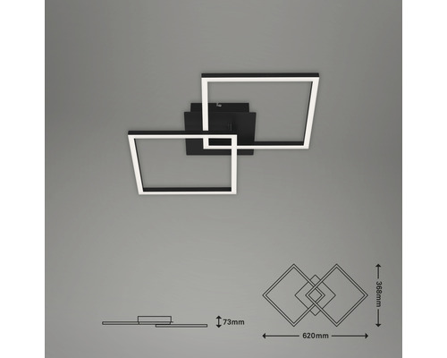 Taklampa med två kvadratiska, sammanflätade LED-element och måttangivelser
