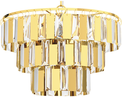 Flerskiktig kristallkrona med gyllene accenter för elegant belysning.