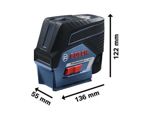 Bosch logotyp linjelaser GCL 2-50 C med måtten 122 mm höjd, 136 mm längd och 55 mm bredd