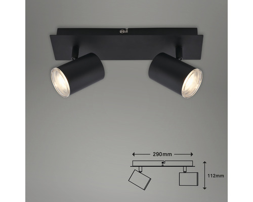 Svart taklampa med två spotlights och mått.
