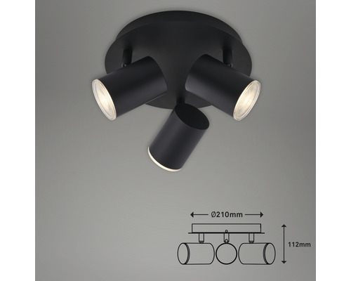 Svart taklampa med tre spotlights och måttangivelser