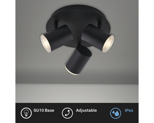 Svart taklampa med tre GU10-socklar, justerbar och skyddsklass IP44