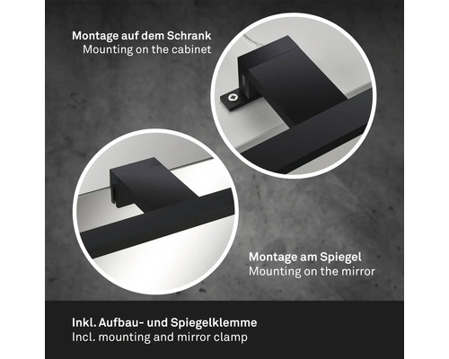 Detaljvy av spegellampa med monteringsalternativ för skåp och spegel inklusive monterings- och spegelklämma